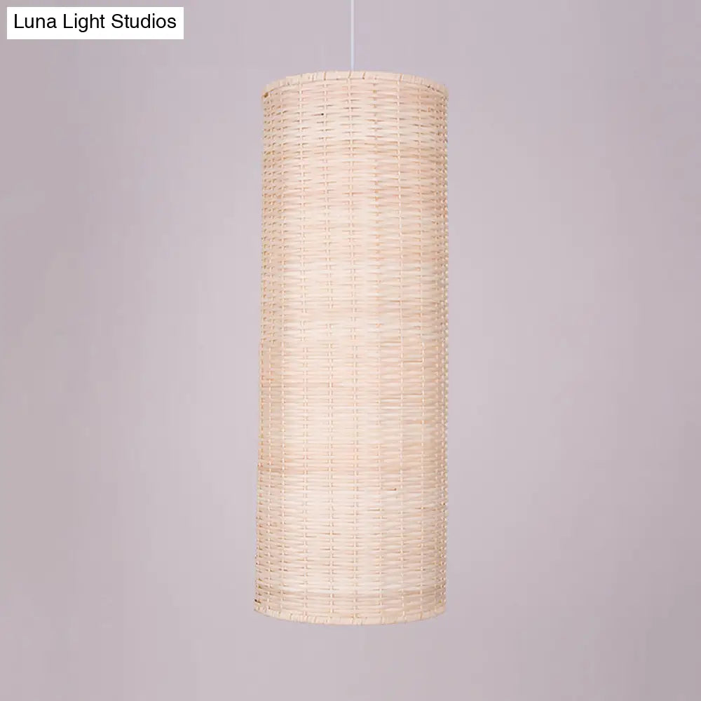 10/12 W Asian Style Rattan Cylinder Hanging Pendant Light - Beige Ceiling Lighting For Restaurants