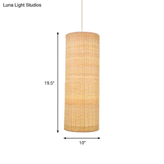 10/12 W Asian Style Rattan Cylinder Hanging Pendant Light - Beige Ceiling Lighting For Restaurants