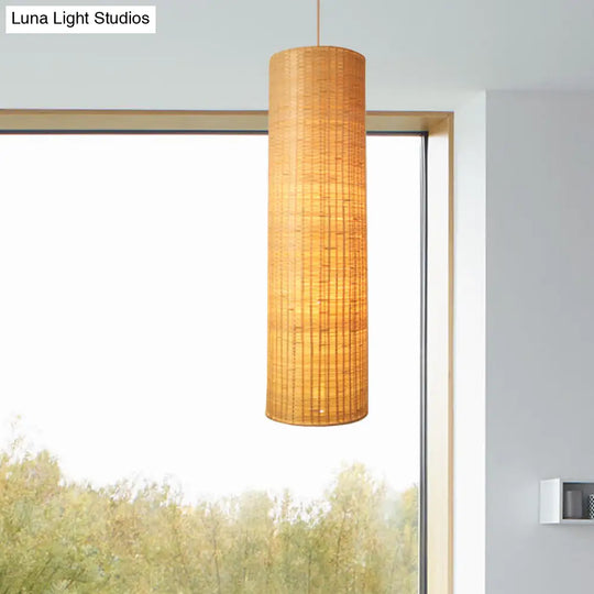 10/12 W Asian Style Rattan Cylinder Hanging Pendant Light - Beige Ceiling Lighting For Restaurants