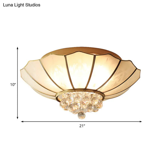 10’/13’ W Scalloped Flush Lamp Vintage White Glass Ceiling Light With Crystal Ball Deco -