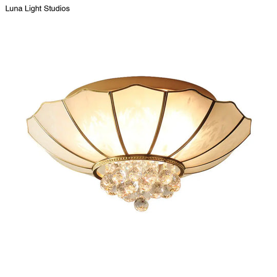 10’/13’ W Scalloped Flush Lamp Vintage White Glass Ceiling Light With Crystal Ball Deco -