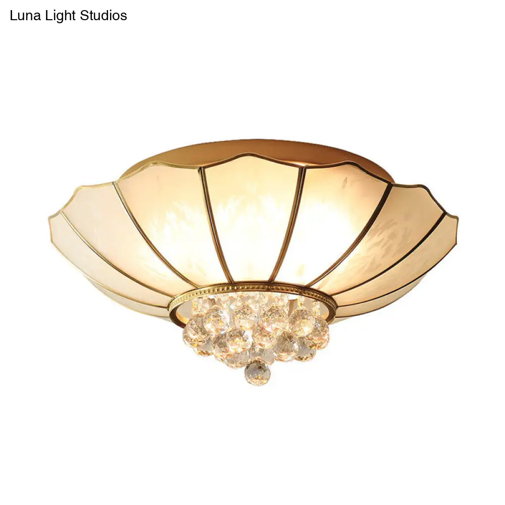 10/13 W Scalloped Flush Lamp Vintage White Glass Ceiling Light With Crystal Ball Deco - Dining Room