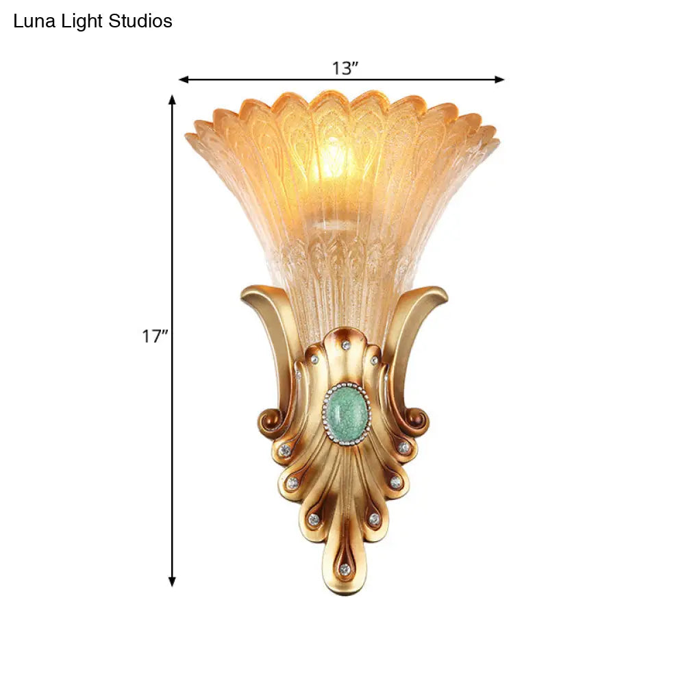 10/13 Wide Gold 1-Light Flush Mount Wall Light Fixture With Frosted Glass For Bedroom