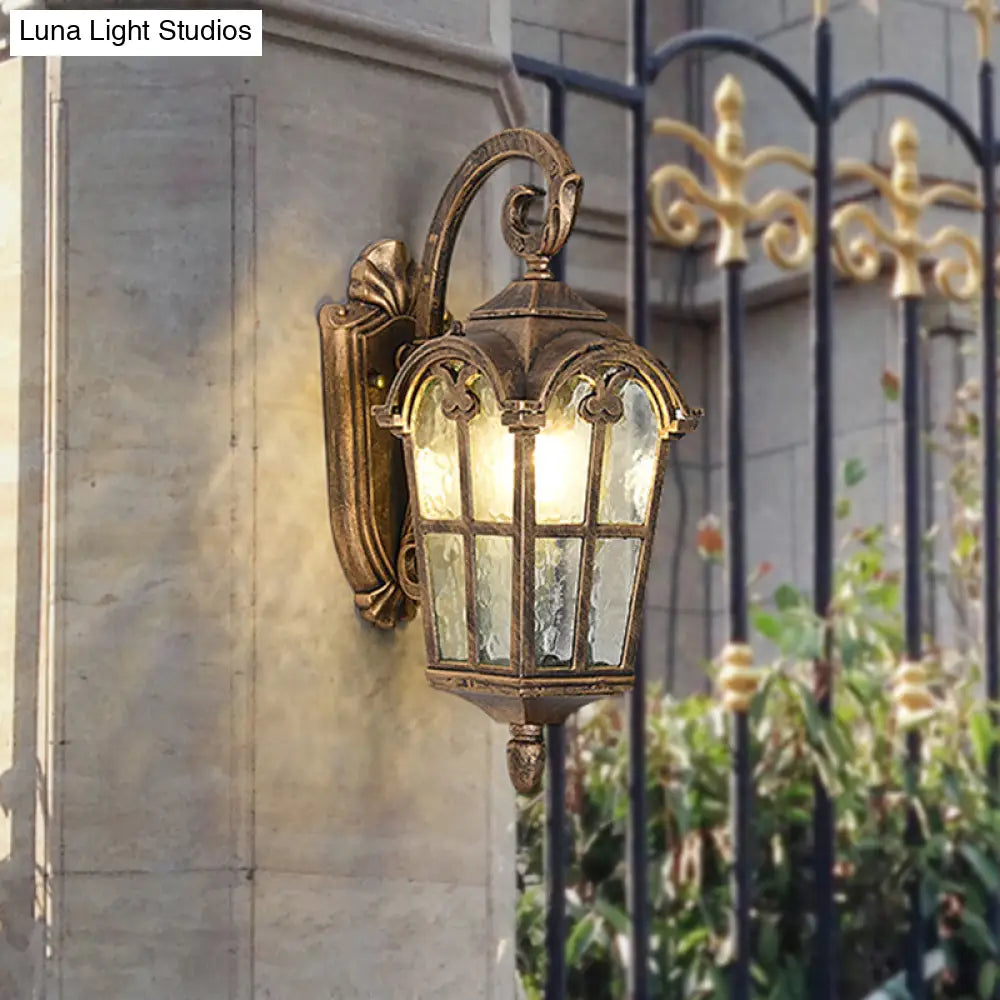 10/14 1-Light Water Glass Wall Lamp Farmhouse Black/Brass Lantern With Curvy Arm - Doorway Lighting