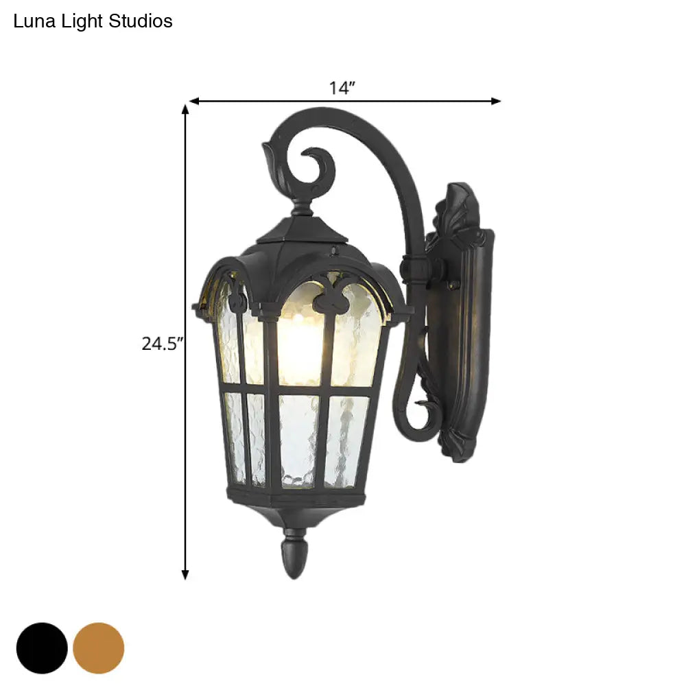 10/14 1-Light Water Glass Wall Lamp Farmhouse Black/Brass Lantern With Curvy Arm - Doorway Lighting