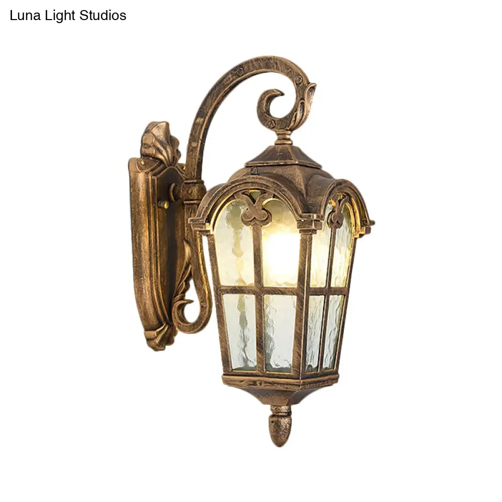 10/14 1-Light Water Glass Wall Lamp Farmhouse Black/Brass Lantern With Curvy Arm - Doorway Lighting