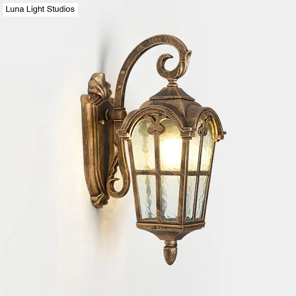 10/14 1-Light Water Glass Wall Lamp Farmhouse Black/Brass Lantern With Curvy Arm - Doorway Lighting