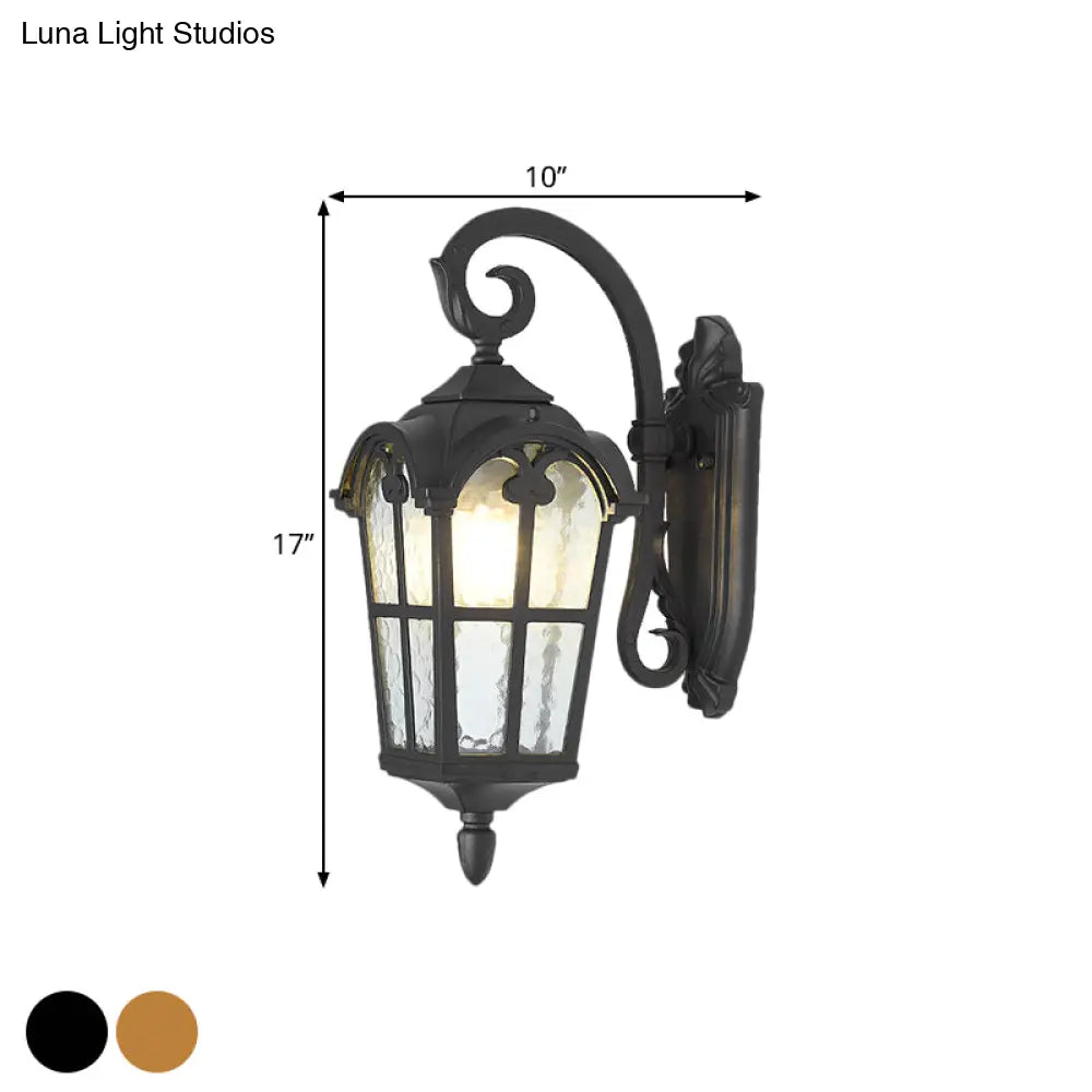 10/14 1-Light Water Glass Wall Lamp Farmhouse Black/Brass Lantern With Curvy Arm - Doorway Lighting