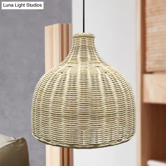 10/14 Asian Pendant Light With Beige Cloche Lamp Shade Bamboo Suspension