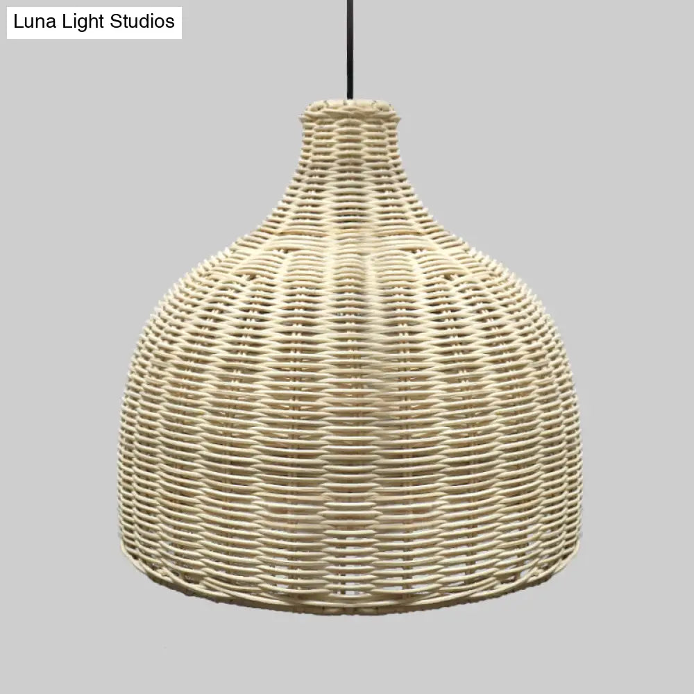 10/14 Asian Pendant Light With Beige Cloche Lamp Shade Bamboo Suspension