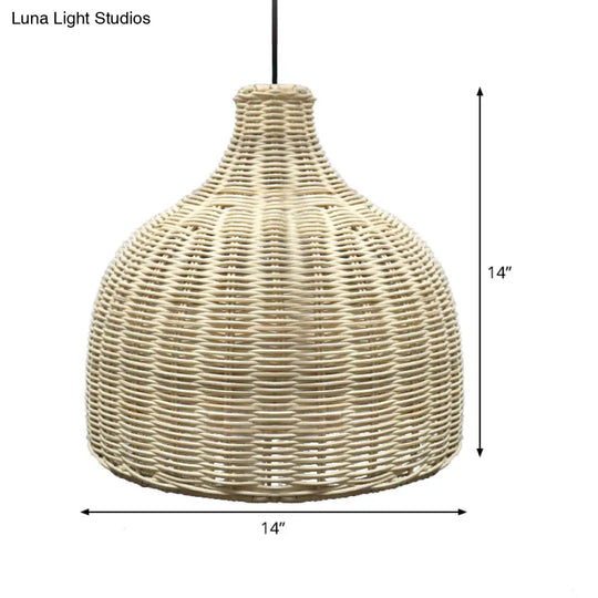 10/14 Asian Pendant Light With Beige Cloche Lamp Shade Bamboo Suspension