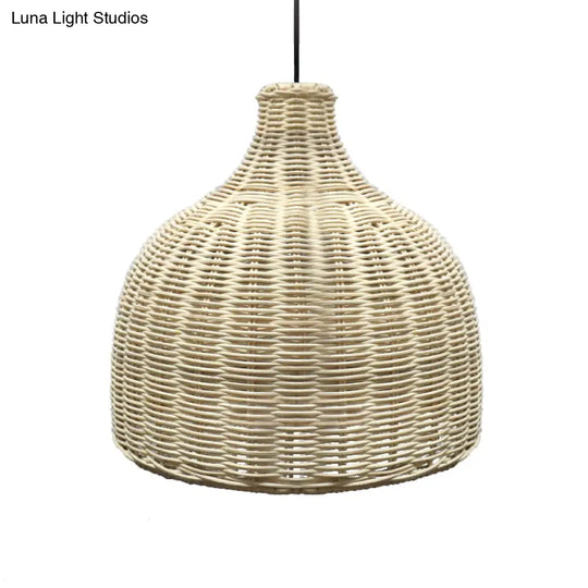 10/14 Asian Pendant Light With Beige Cloche Lamp Shade Bamboo Suspension