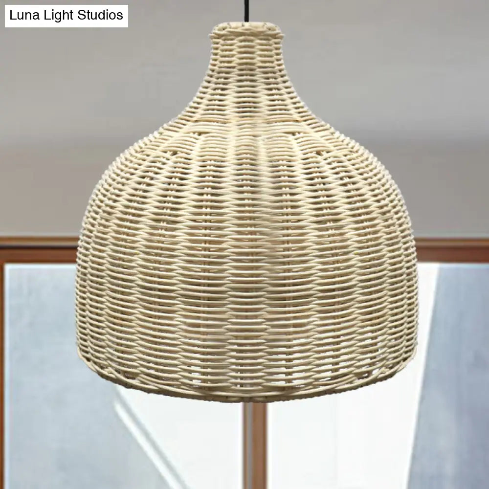 10/14 Asian Pendant Light With Beige Cloche Lamp Shade Bamboo Suspension