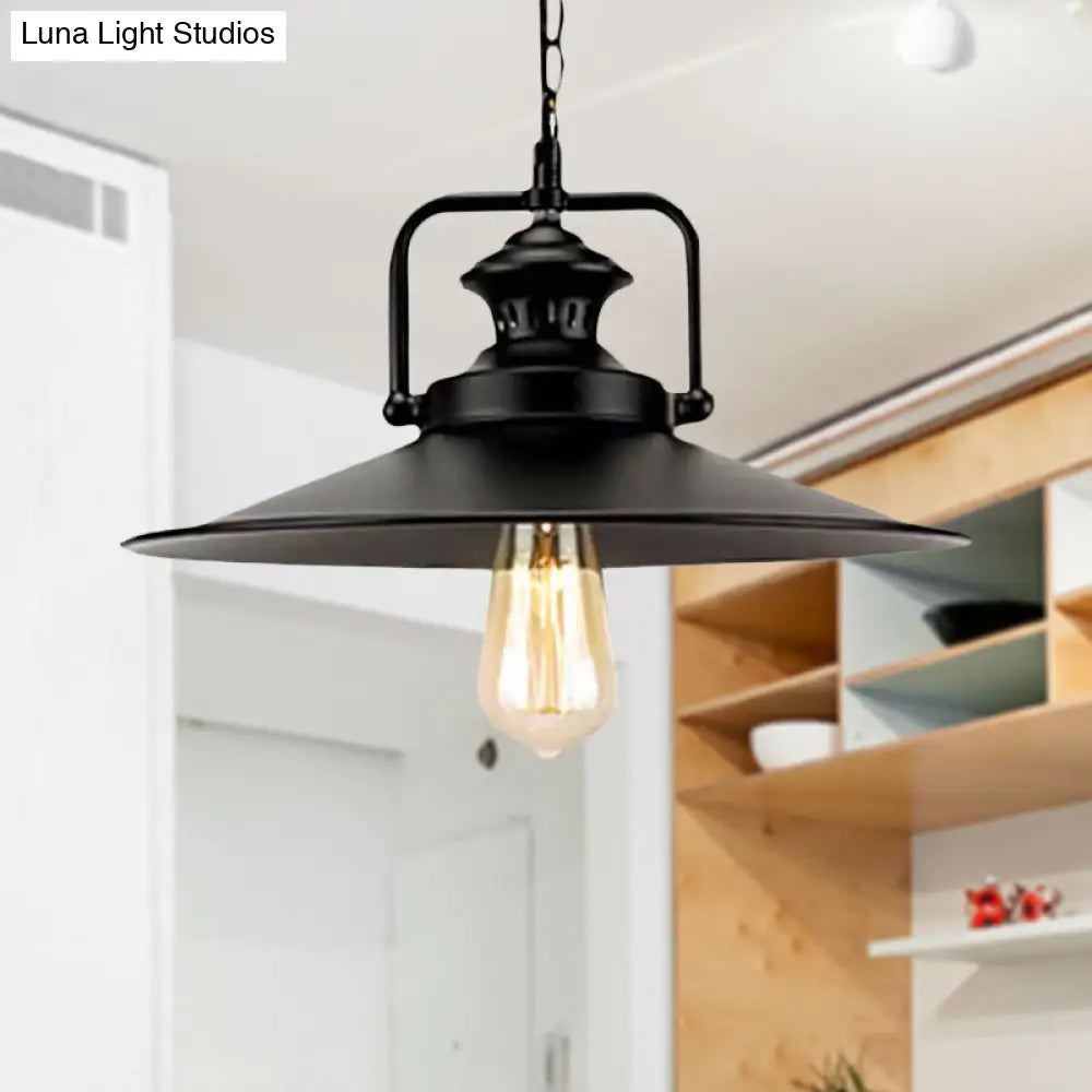 Metallic Hanging Light Fixture: Flared Industrial Loft Pendant For Study Room - 10/14 Dia Black