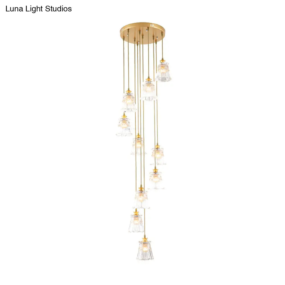 10-Bulb Crystal Suspension Lamp With Contemporary Gold Spiral Stair Design - Multiple Hanging Lights