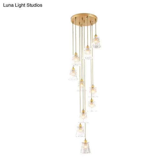 10-Bulb Crystal Suspension Lamp With Contemporary Gold Spiral Stair Design - Multiple Hanging Lights