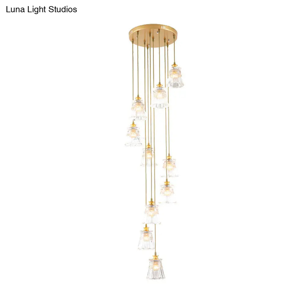 Modern Gold Spiral Stair Suspension Lamp With 10 Crystal Bulbs