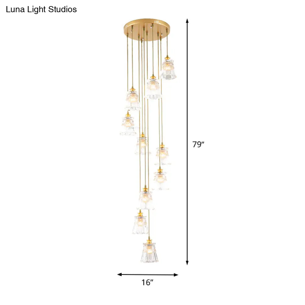 10-Bulb Crystal Suspension Lamp With Contemporary Gold Spiral Stair Design - Multiple Hanging Lights