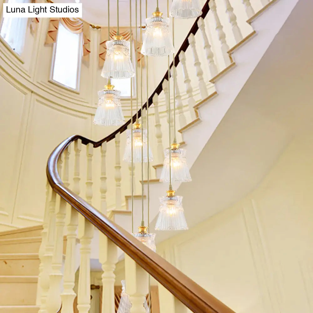 10-Bulb Crystal Suspension Lamp With Contemporary Gold Spiral Stair Design - Multiple Hanging Lights