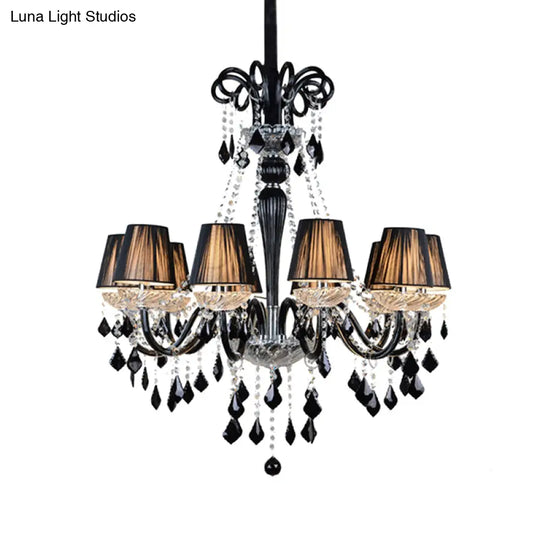 10-Bulb Fabric Ceiling Light: Traditional Tapered Chandelier Lamp With Crystal And Glass Arm