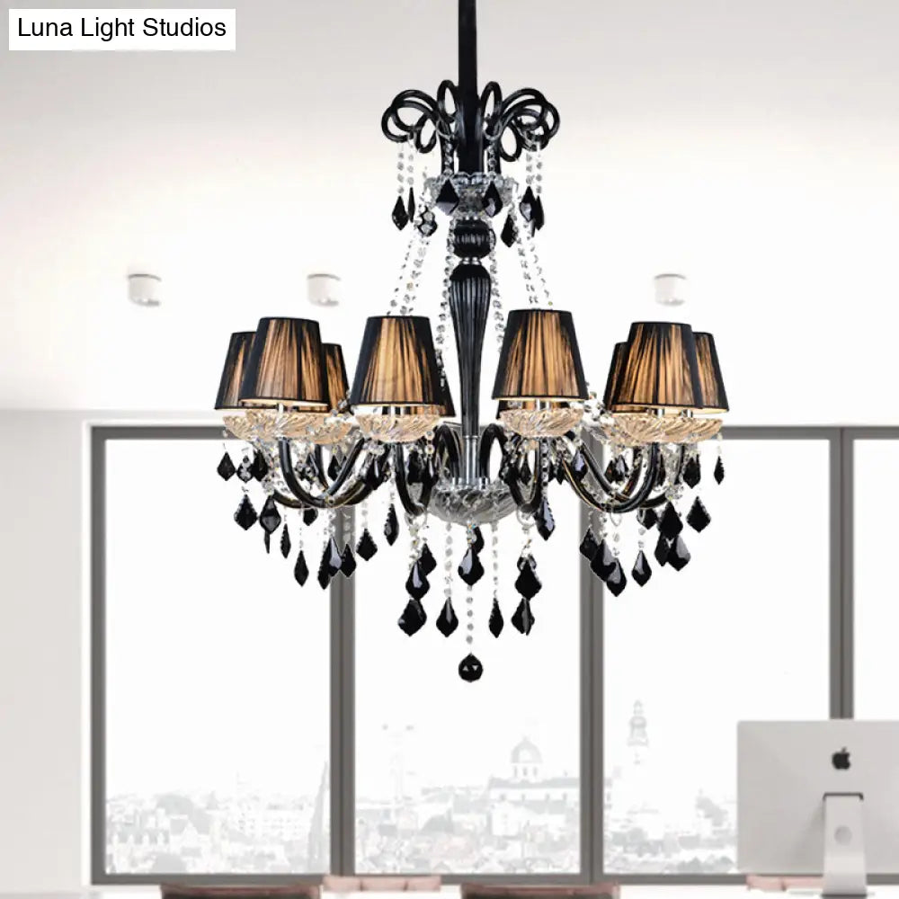 10-Bulb Fabric Ceiling Light: Traditional Tapered Chandelier Lamp With Crystal And Glass Arm