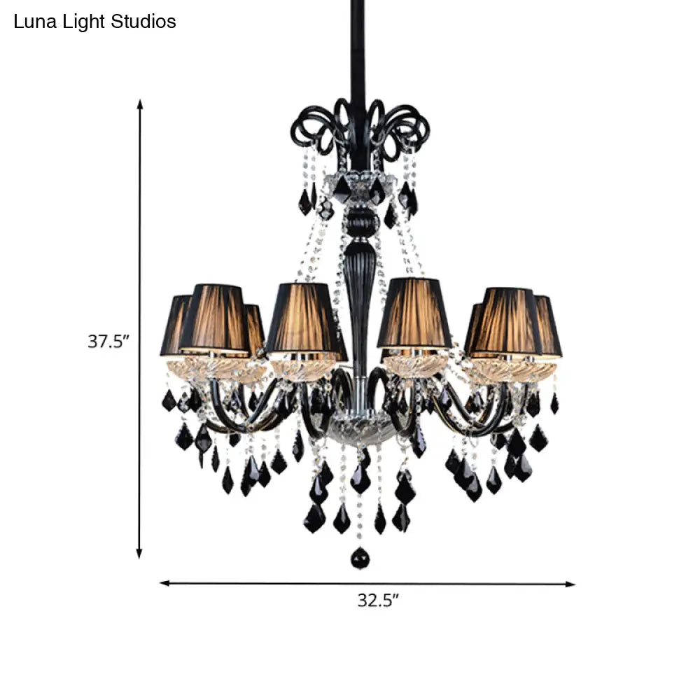 10-Bulb Fabric Ceiling Light: Traditional Tapered Chandelier Lamp With Crystal And Glass Arm