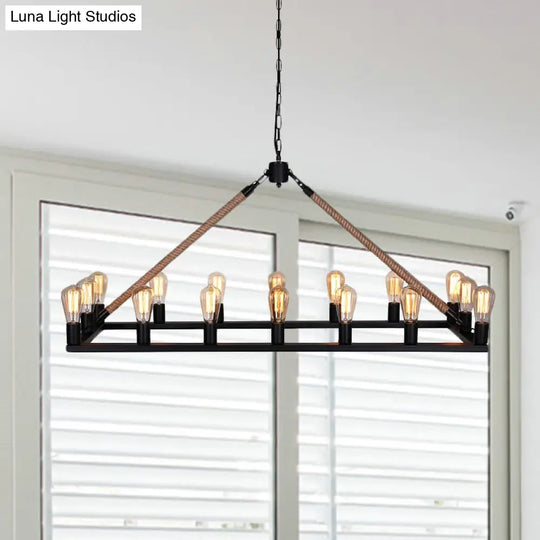 10 Bulbs Chandelier Lighting - Loft Style Rectangular Frame Pendant With Black Metal & Rope Detail