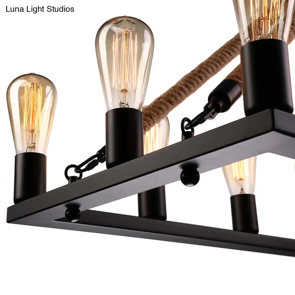 10 Bulbs Chandelier Lighting - Loft Style Rectangular Frame Pendant With Black Metal & Rope Detail