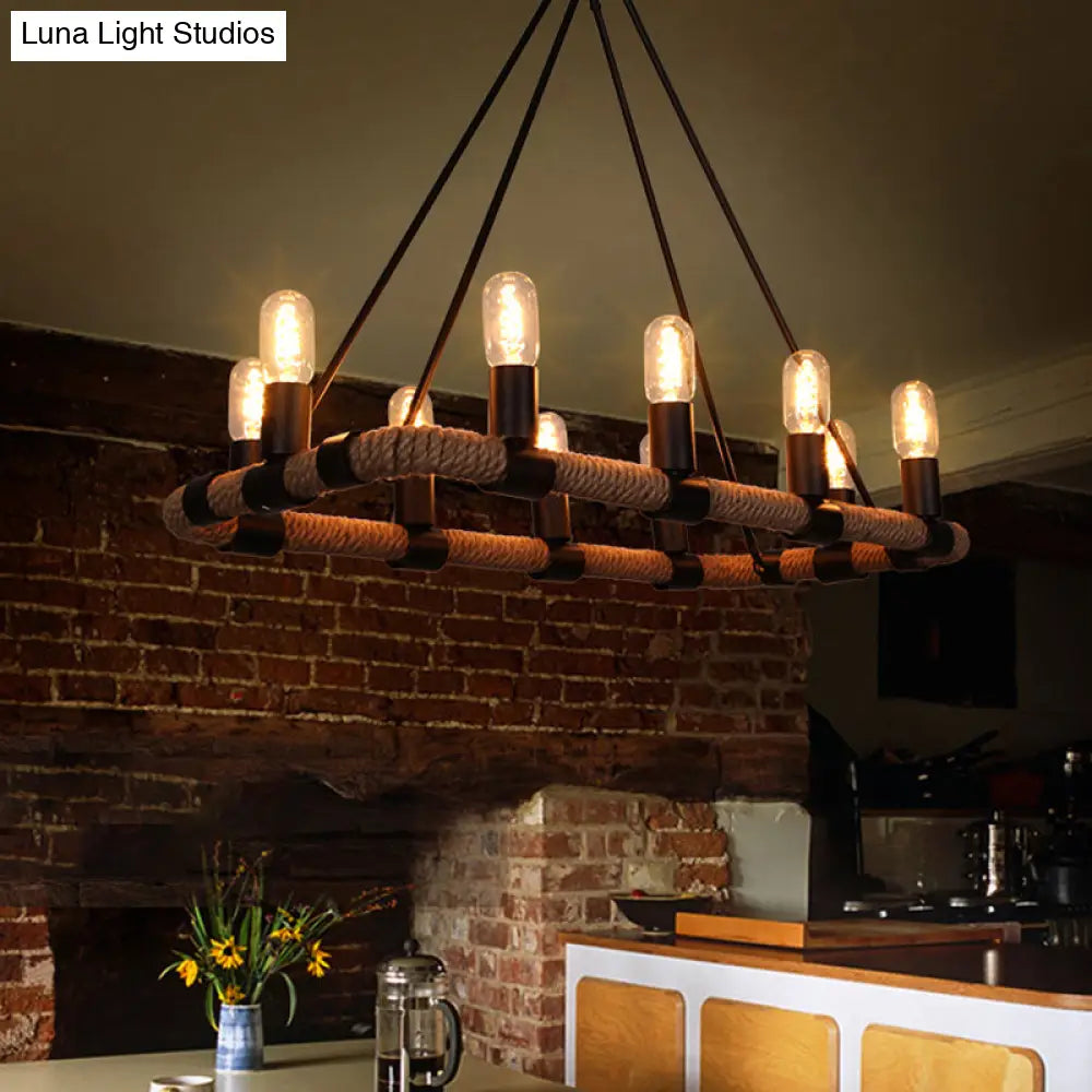 10 Bulbs Chandelier Lighting - Loft Style Rectangular Frame Pendant With Black Metal & Rope Detail