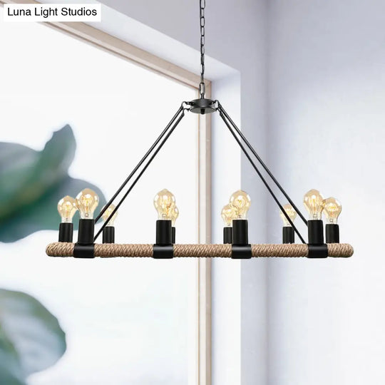 10 Bulbs Chandelier Lighting - Loft Style Rectangular Frame Pendant With Black Metal & Rope Detail