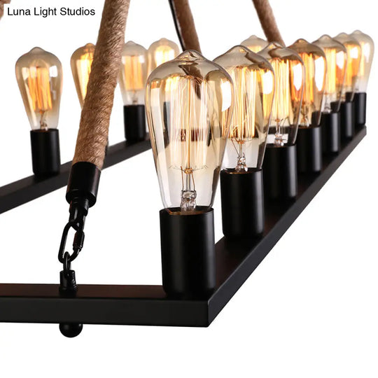 10 Bulbs Chandelier Lighting - Loft Style Rectangular Frame Pendant With Black Metal & Rope Detail