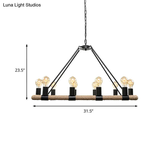 10 Bulbs Chandelier Lighting - Loft Style Rectangular Frame Pendant With Black Metal & Rope Detail