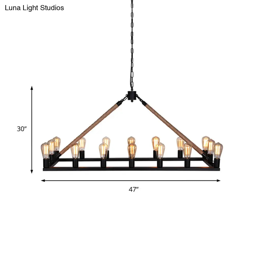 10 Bulbs Chandelier Lighting - Loft Style Rectangular Frame Pendant With Black Metal & Rope Detail