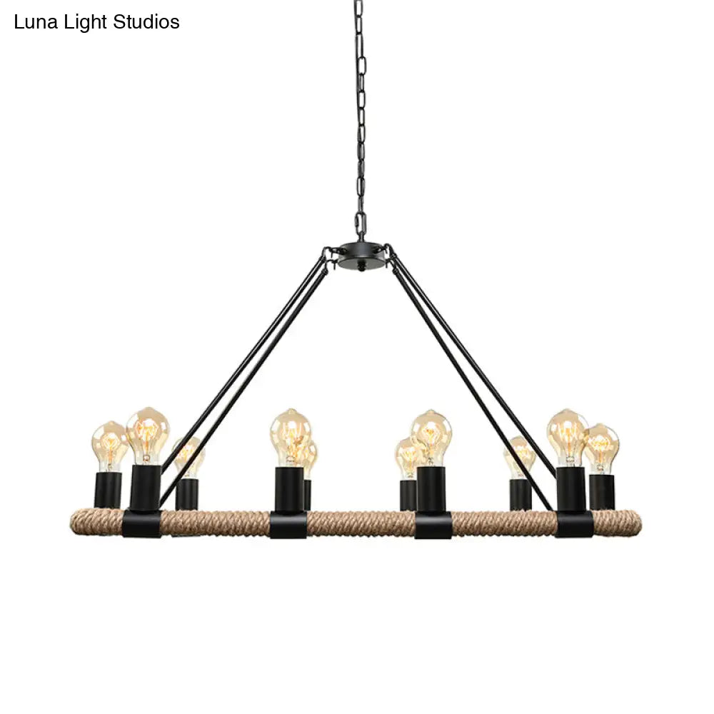 10 Bulbs Chandelier Lighting - Loft Style Rectangular Frame Pendant With Black Metal & Rope Detail