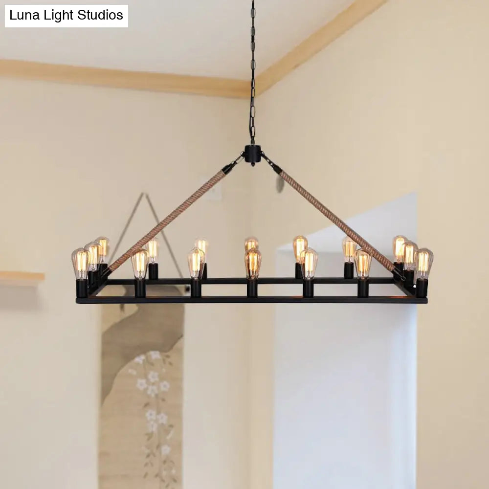 10 Bulbs Chandelier Lighting - Loft Style Rectangular Frame Pendant With Black Metal & Rope Detail