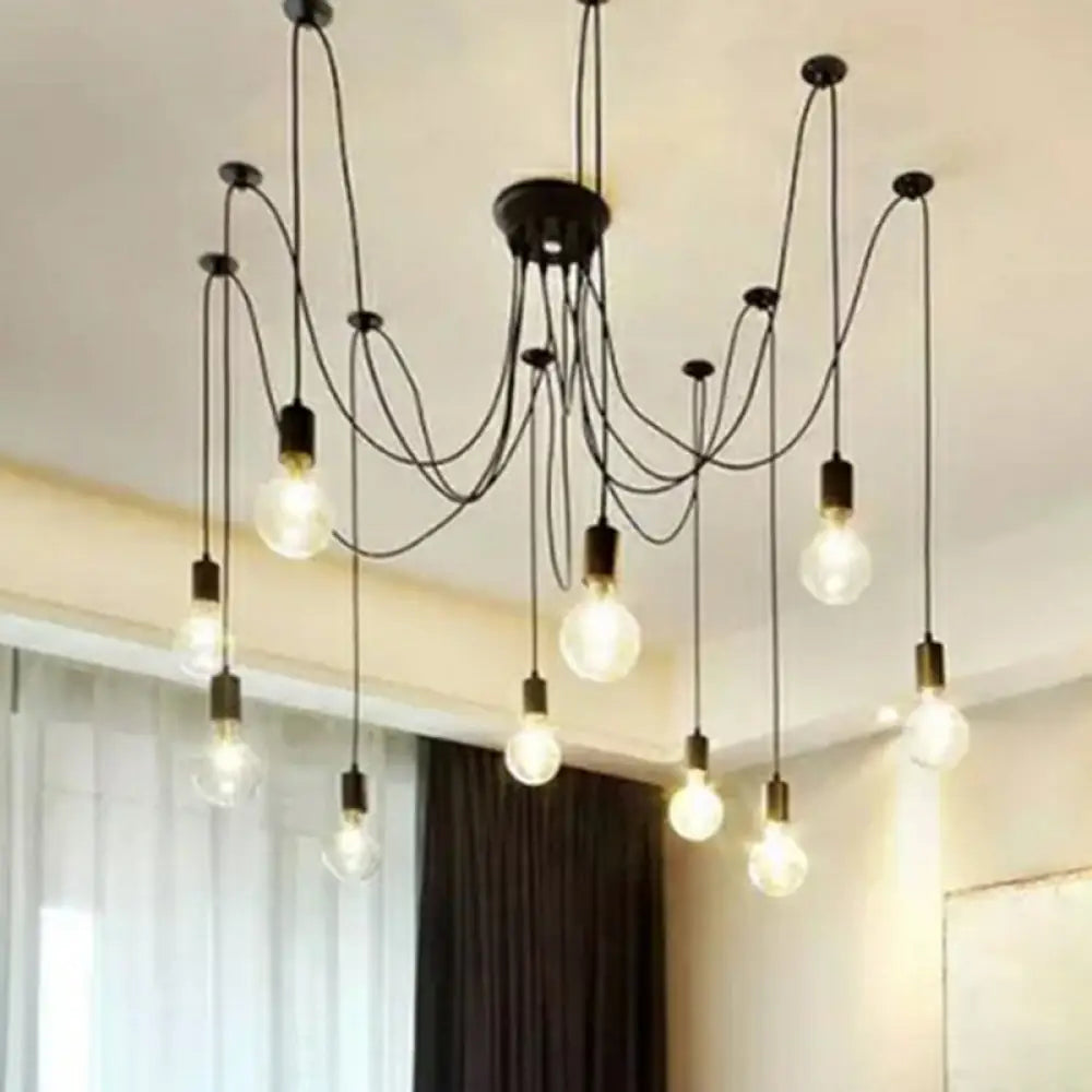 10 Head Black Swag Pendant Lighting Fixture For Hanging Lights With Naked Bulb - Factory Style