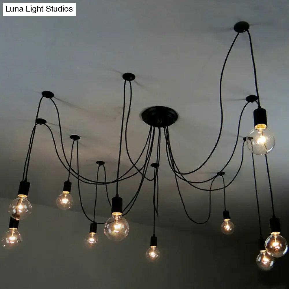 Black Swag Pendant Light With 10 Naked Bulbs For Industrial Style Lighting