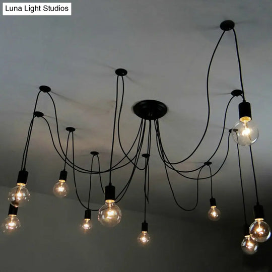 Black Swag Pendant Light With 10 Naked Bulbs For Industrial Style Lighting