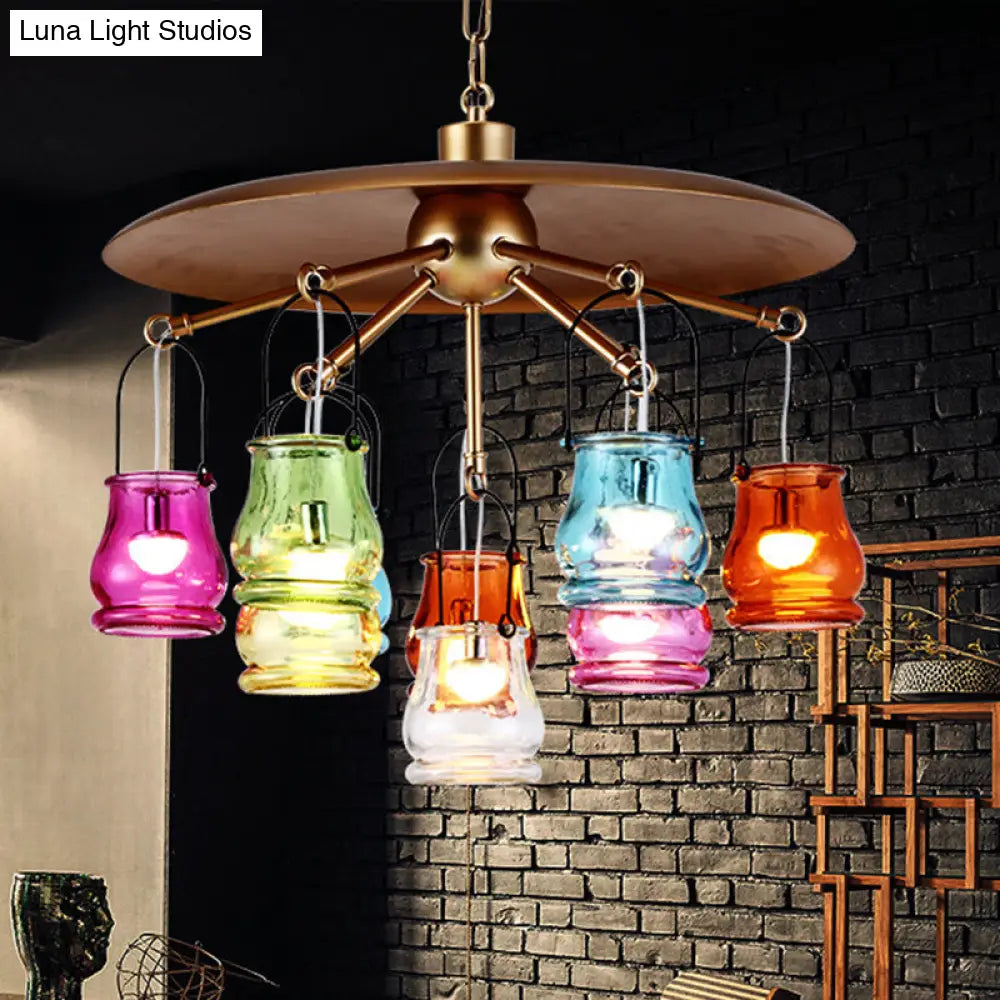 10-Head Industrial Can Pendant Chandelier With Colorful Glass In Black/Rust/Gold Gold