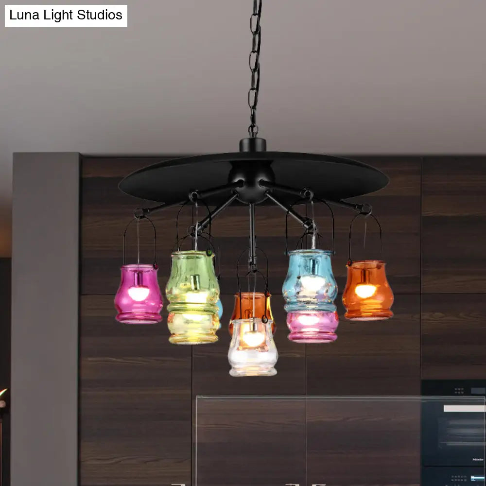 10-Head Industrial Can Pendant Chandelier With Colorful Glass In Black/Rust/Gold Black