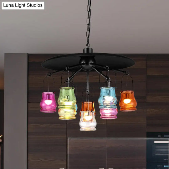 10-Head Industrial Can Pendant Chandelier With Colorful Glass In Black/Rust/Gold Black