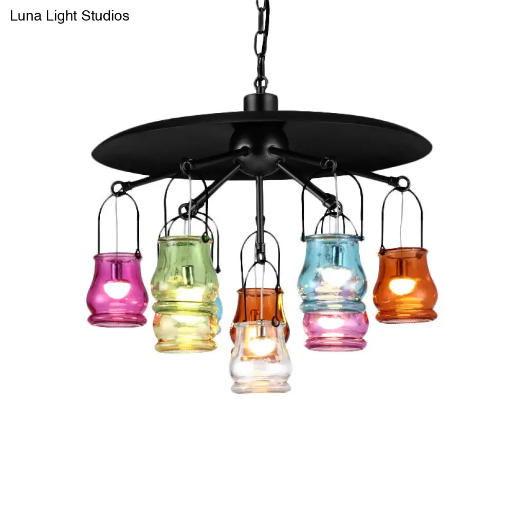 10-Head Industrial Can Pendant Chandelier With Colorful Glass In Black/Rust/Gold