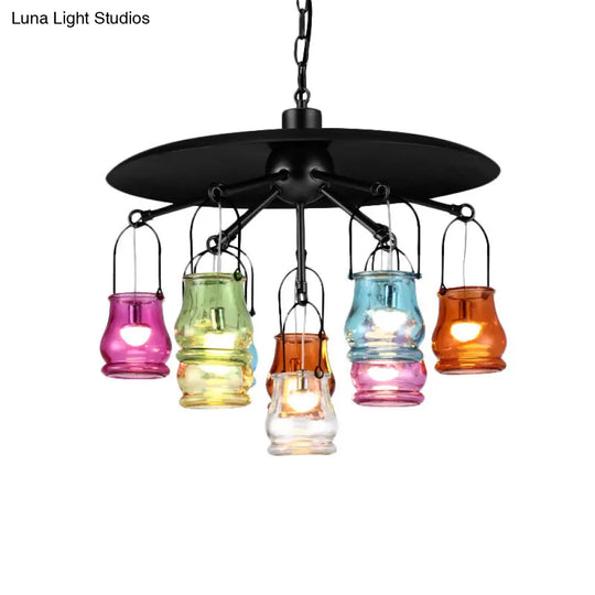 10-Head Industrial Can Pendant Chandelier With Colorful Glass In Black/Rust/Gold