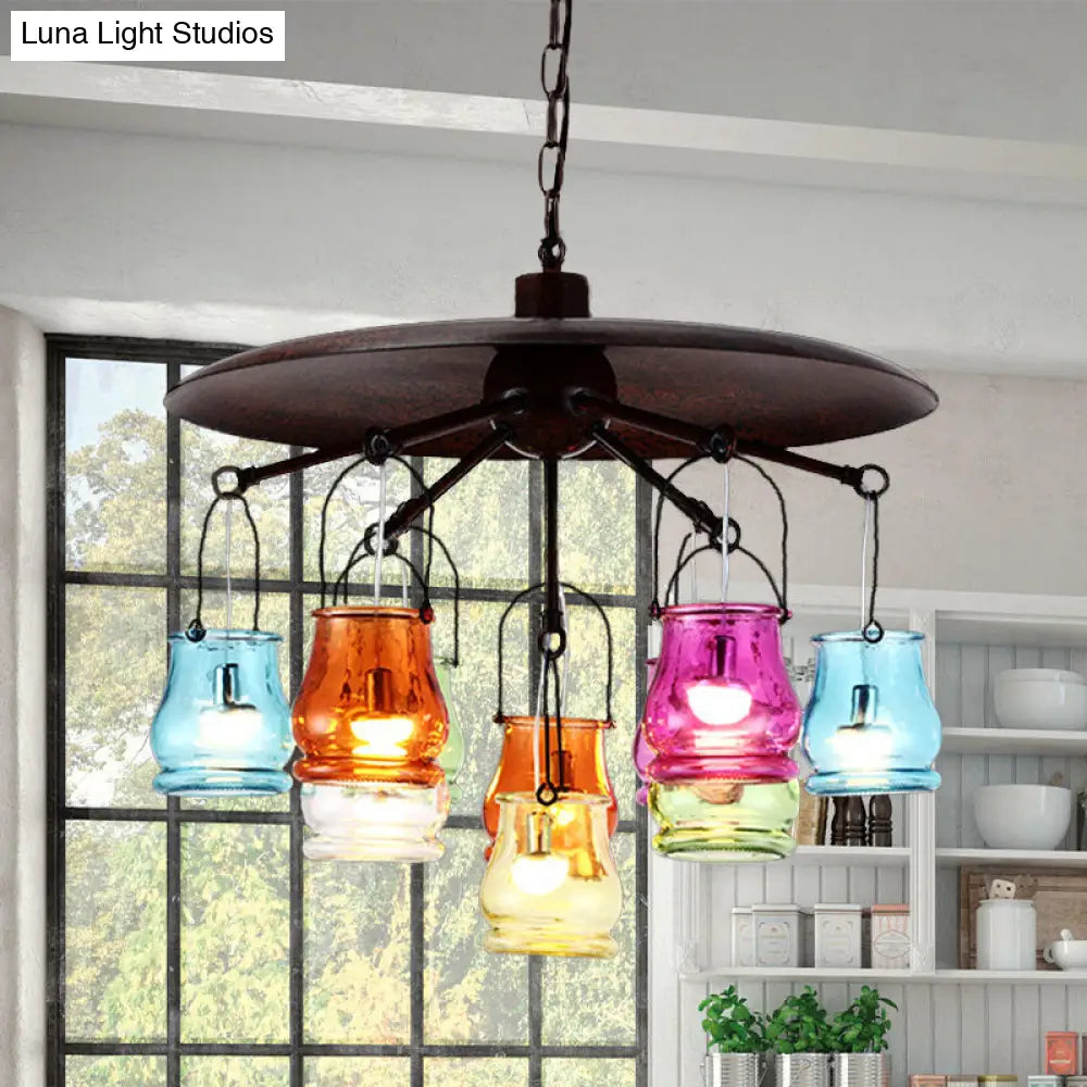 10-Head Industrial Can Pendant Chandelier With Colorful Glass In Black/Rust/Gold Rust