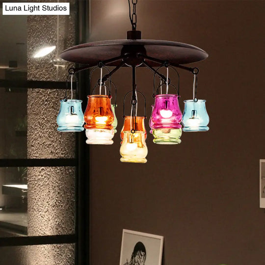 10-Head Industrial Can Pendant Lighting: Arc Colorful Glass Chandelier In Black/Rust/Gold With