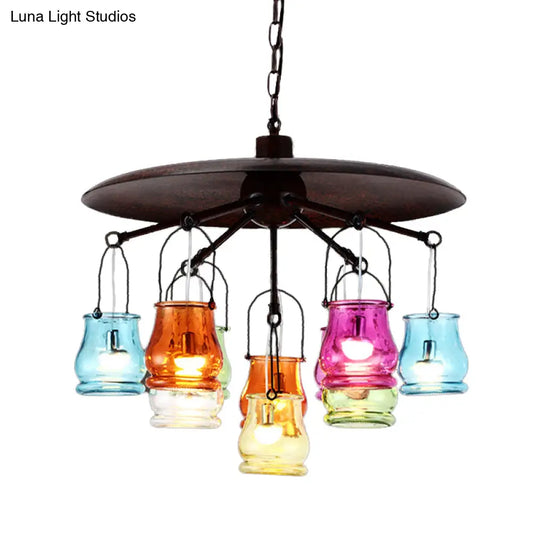 10-Head Industrial Can Pendant Lighting: Arc Colorful Glass Chandelier In Black/Rust/Gold With