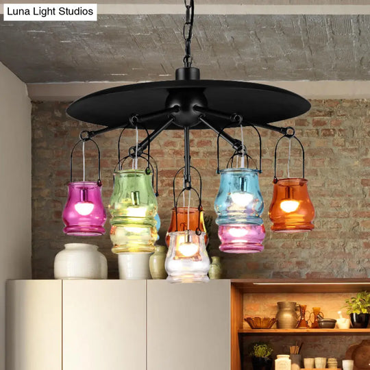 10-Head Industrial Can Pendant Chandelier With Colorful Glass In Black/Rust/Gold