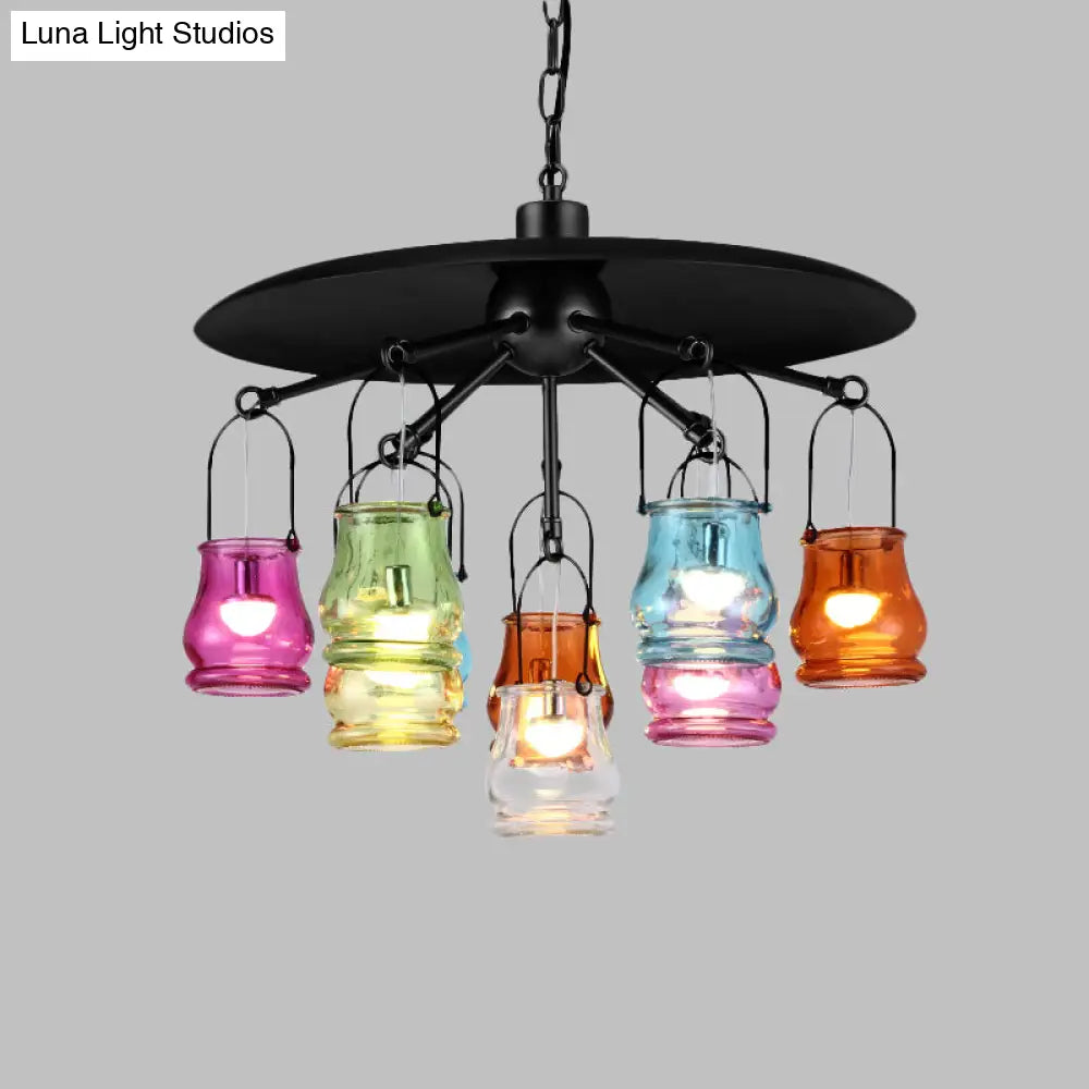 10-Head Industrial Can Pendant Lighting: Arc Colorful Glass Chandelier In Black/Rust/Gold With