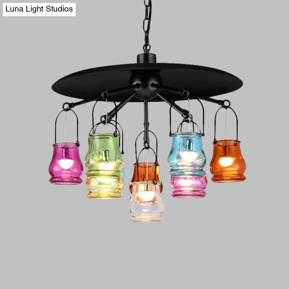 10-Head Industrial Can Pendant Chandelier With Colorful Glass In Black/Rust/Gold