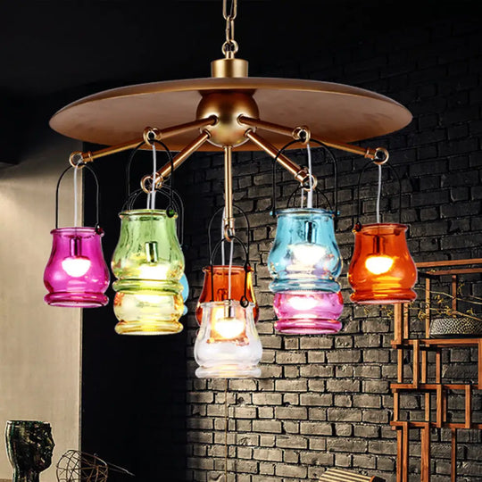 10-Head Industrial Can Pendant Lighting: Arc Colorful Glass Chandelier In Black/Rust/Gold With